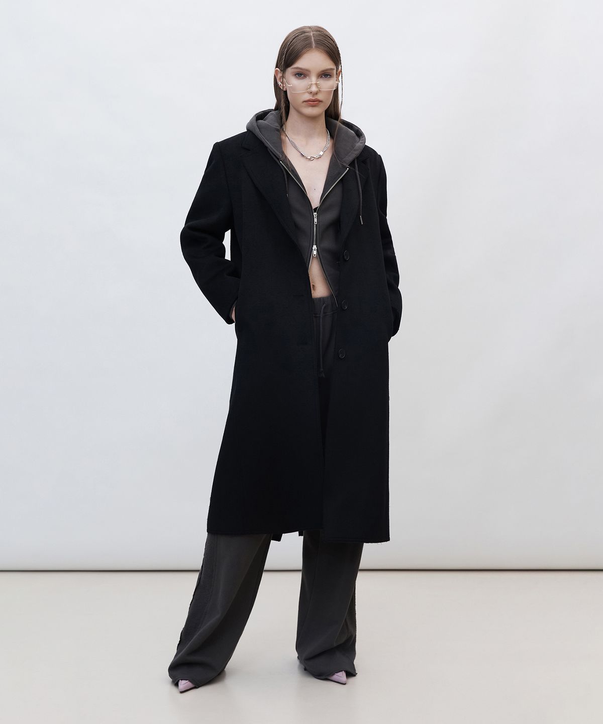 커렌트(CURRENT) CUT OFF SINGLE LONG COAT [BLACK]