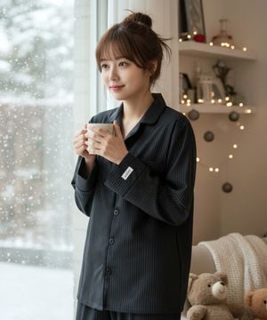 실크핏 모던 블랙 긴팔 커플 잠옷 세트