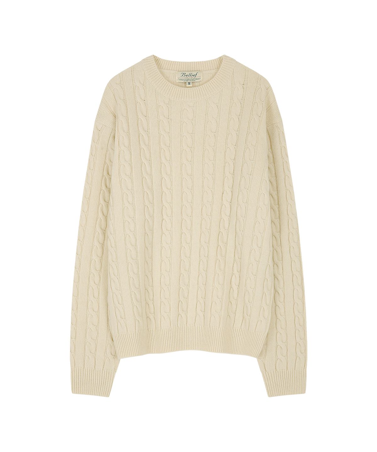 벨리프(BELLIEF) Lamswool Brushed Cable crew neck sweater (ECRU)