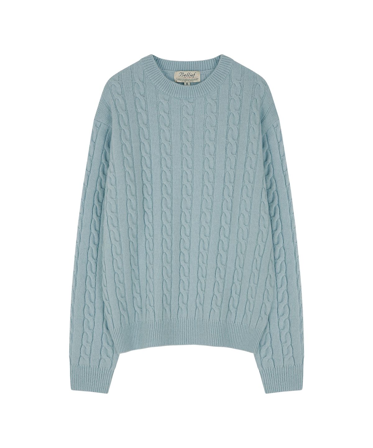 벨리프(BELLIEF) Lamswool Brushed Cable crew neck sweater (AQUA BLUE)