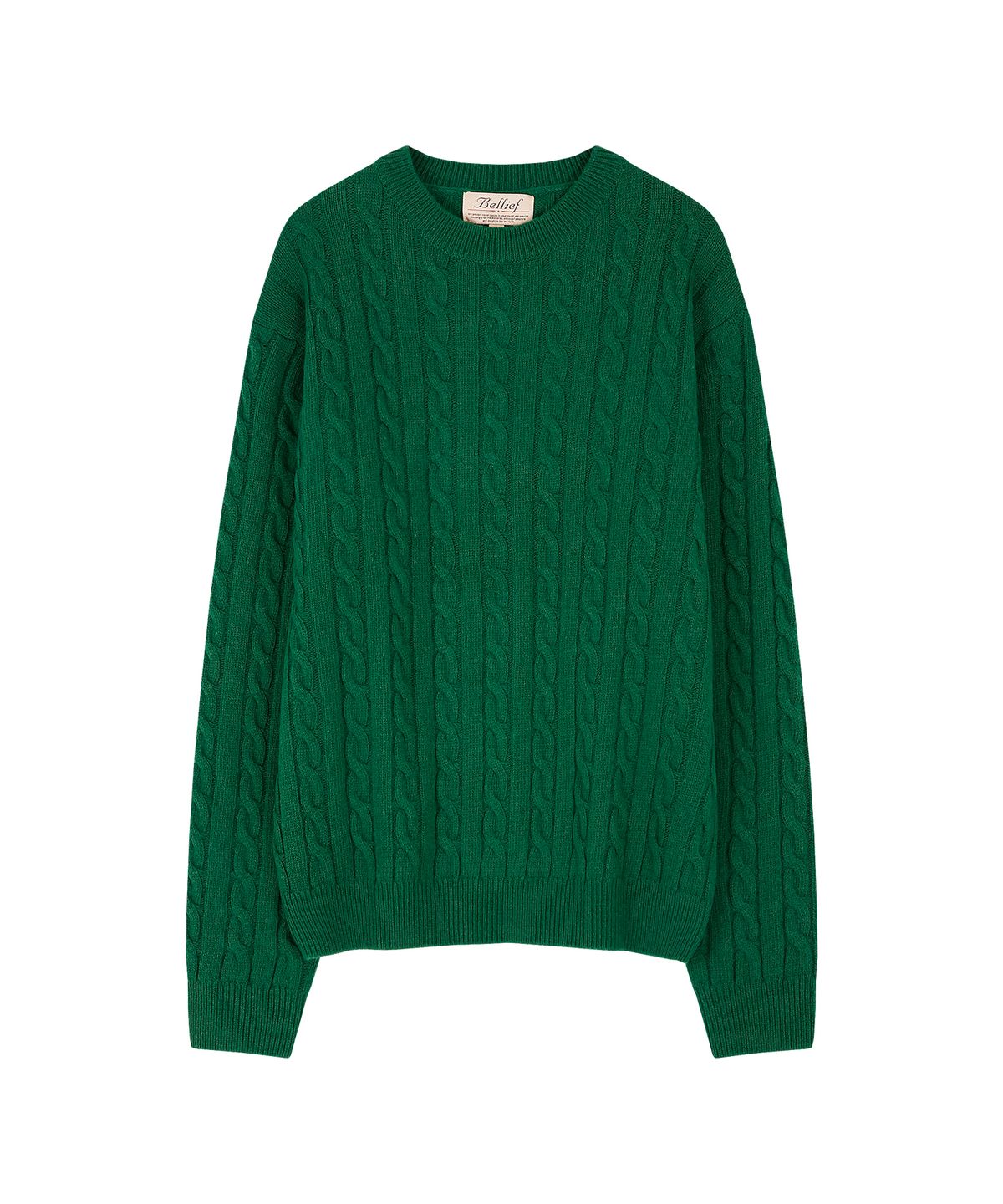 벨리프(BELLIEF) Lamswool Brushed Cable crew neck sweater (GREEN)