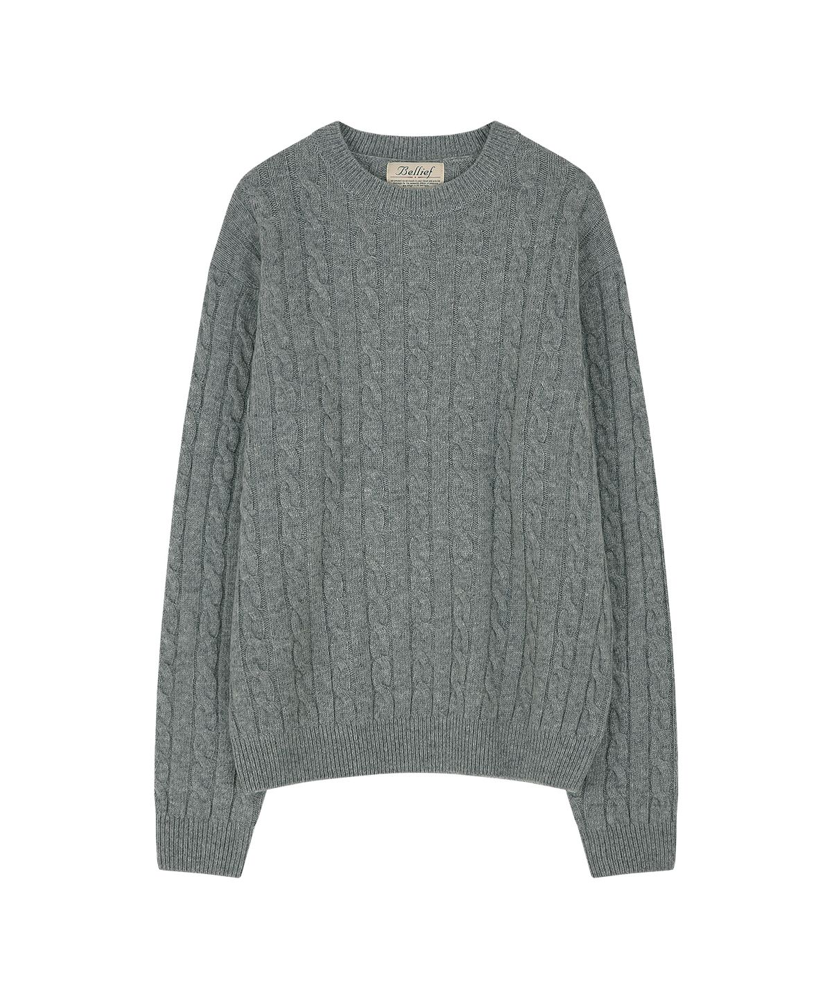 벨리프(BELLIEF) Lamswool Brushed Cable crew neck sweater (GREY)