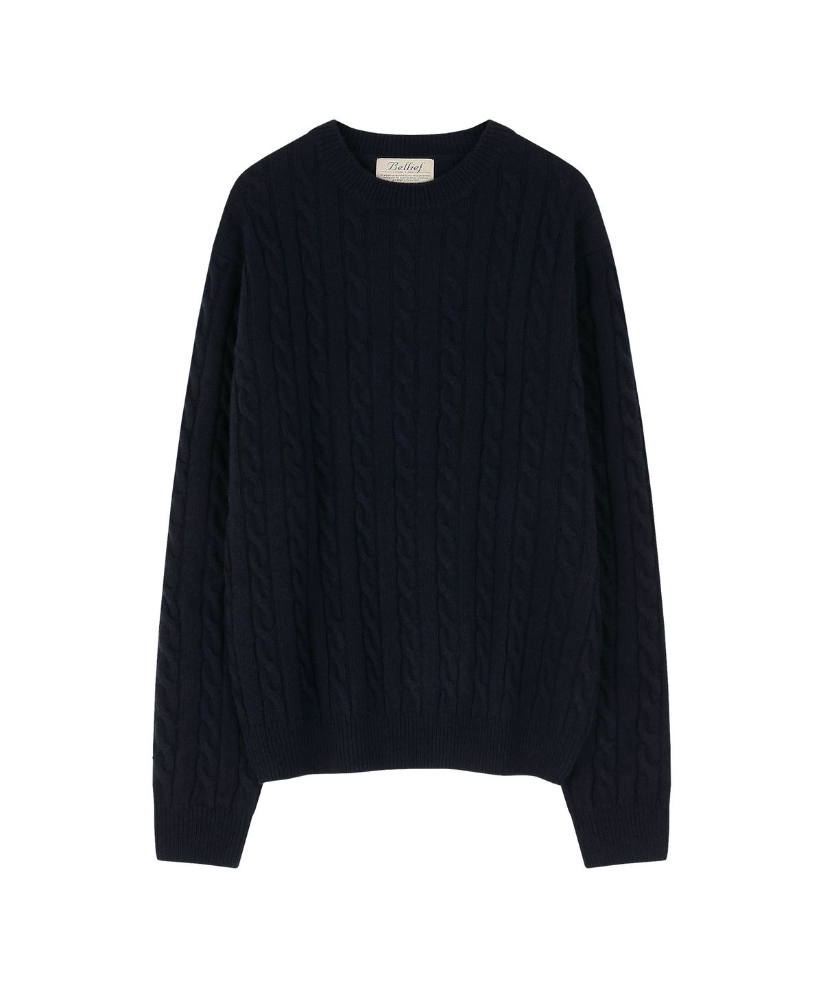 벨리프(BELLIEF) Lamswool Brushed Cable crew neck sweater (NAVY)