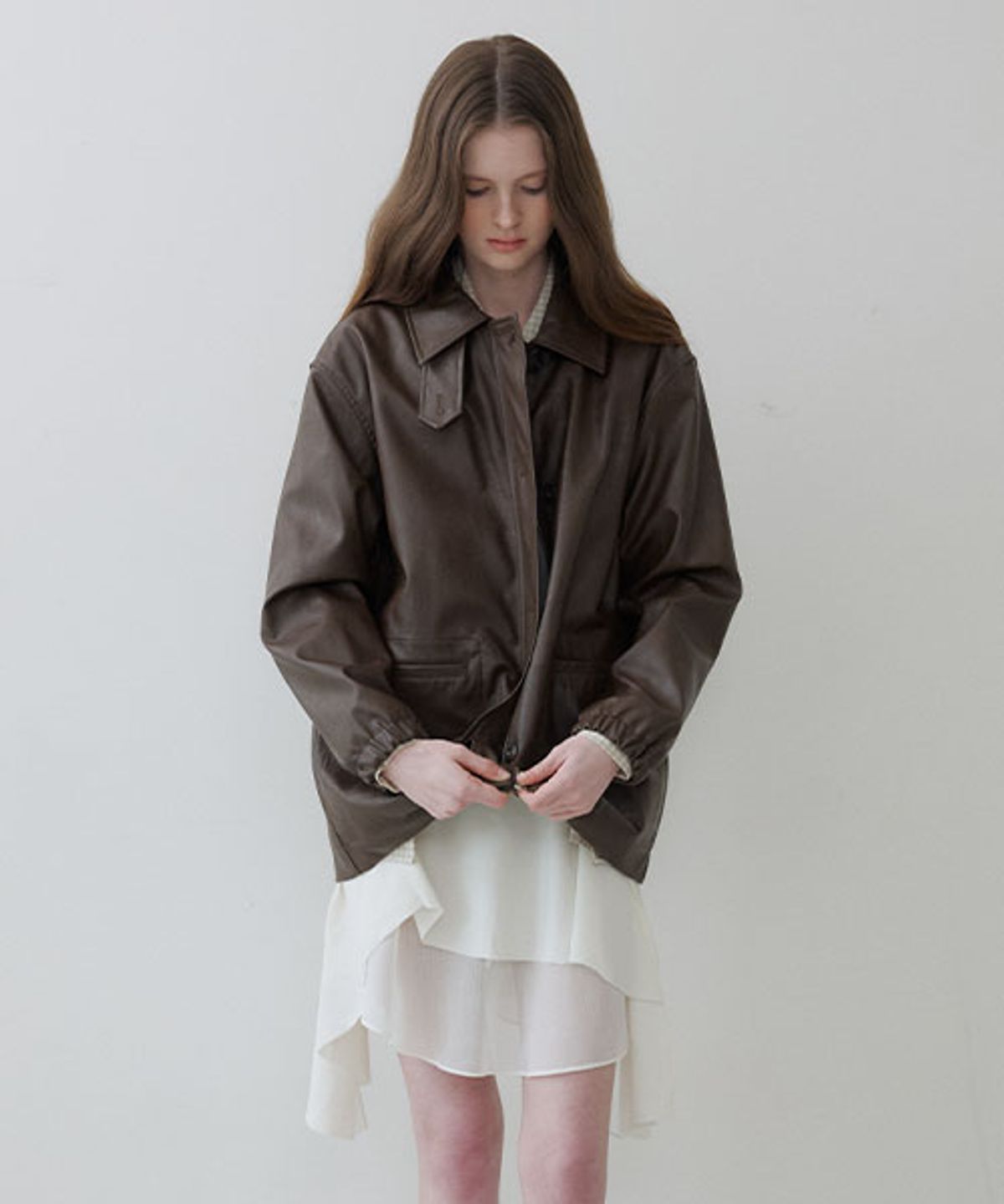 노운베러(KNOWNBETTER) Faux leather bizo collar over jacket_Brown