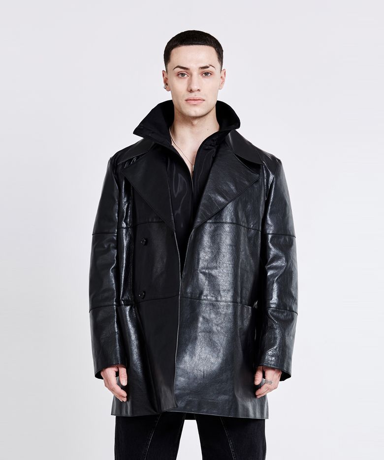 Double-breasted leather trench Jacket - Black