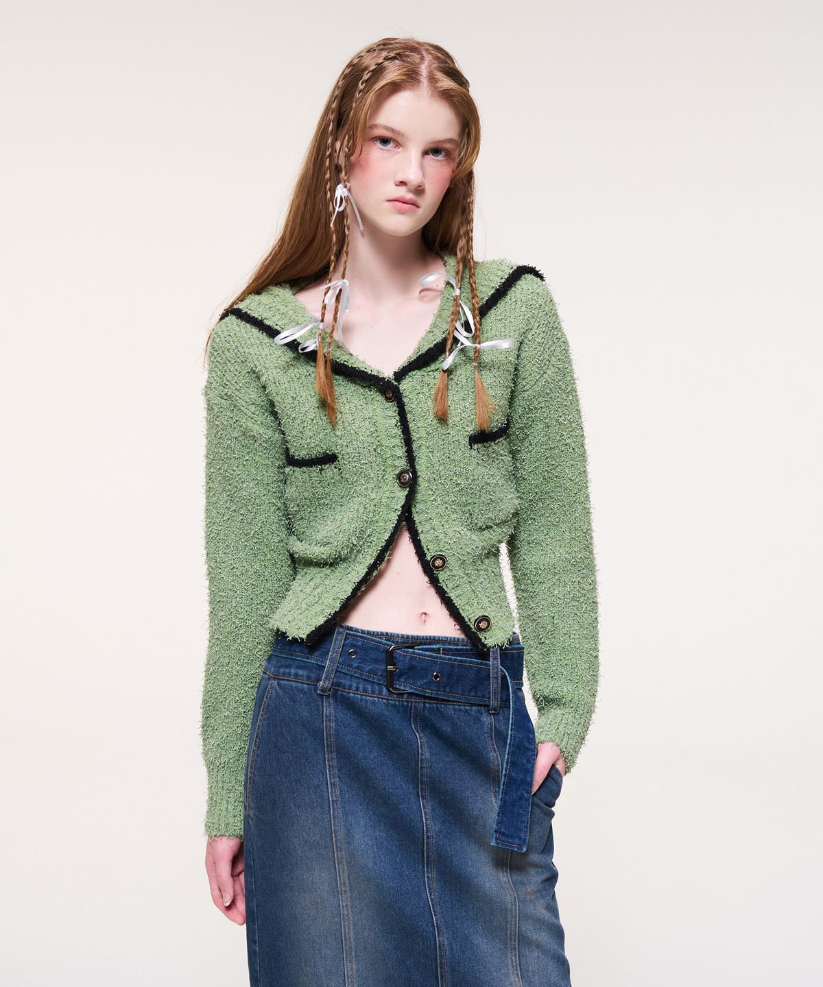 에트몽(ETMON) Shawl Sailor Collar Knit Cardigan, Light Green