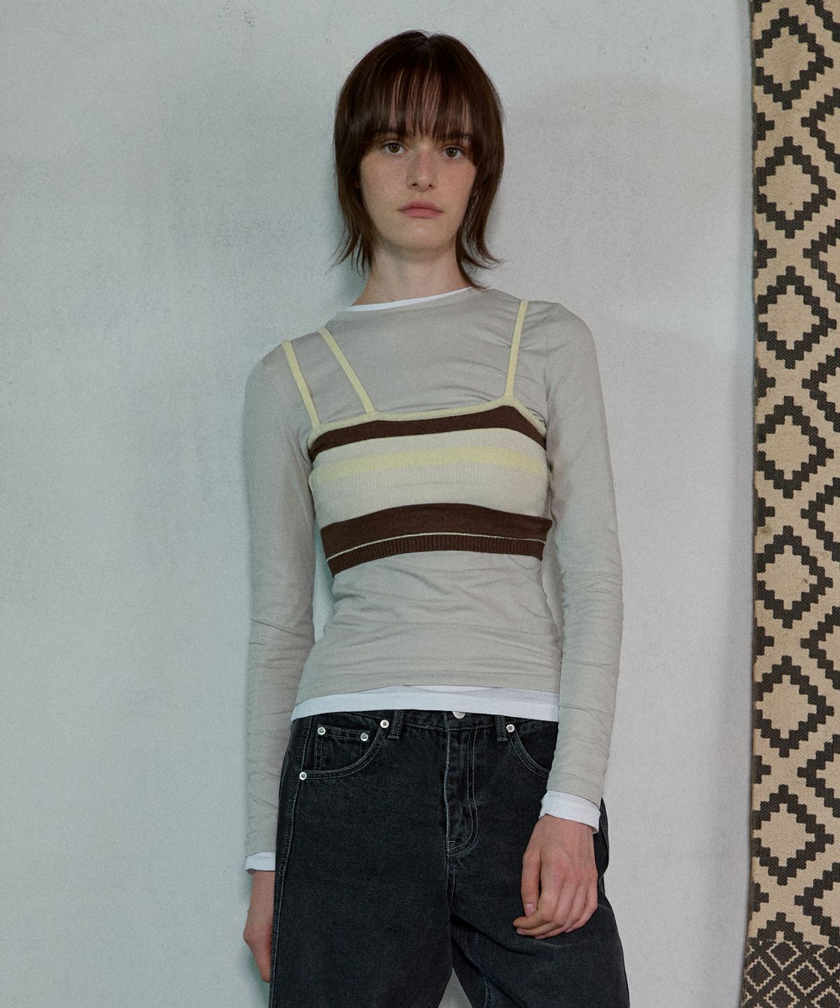 아옵트(AOPT) STRIPE KNIT BRA TOP - BROWN/LEMON