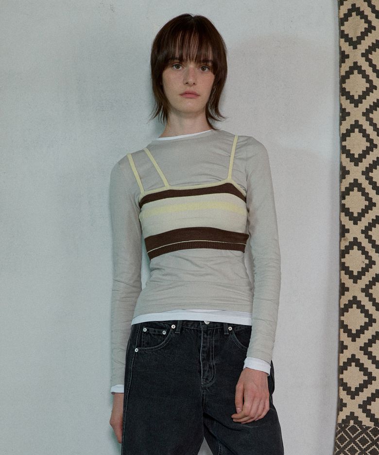 STRIPE KNIT BRA TOP - BROWN/LEMON