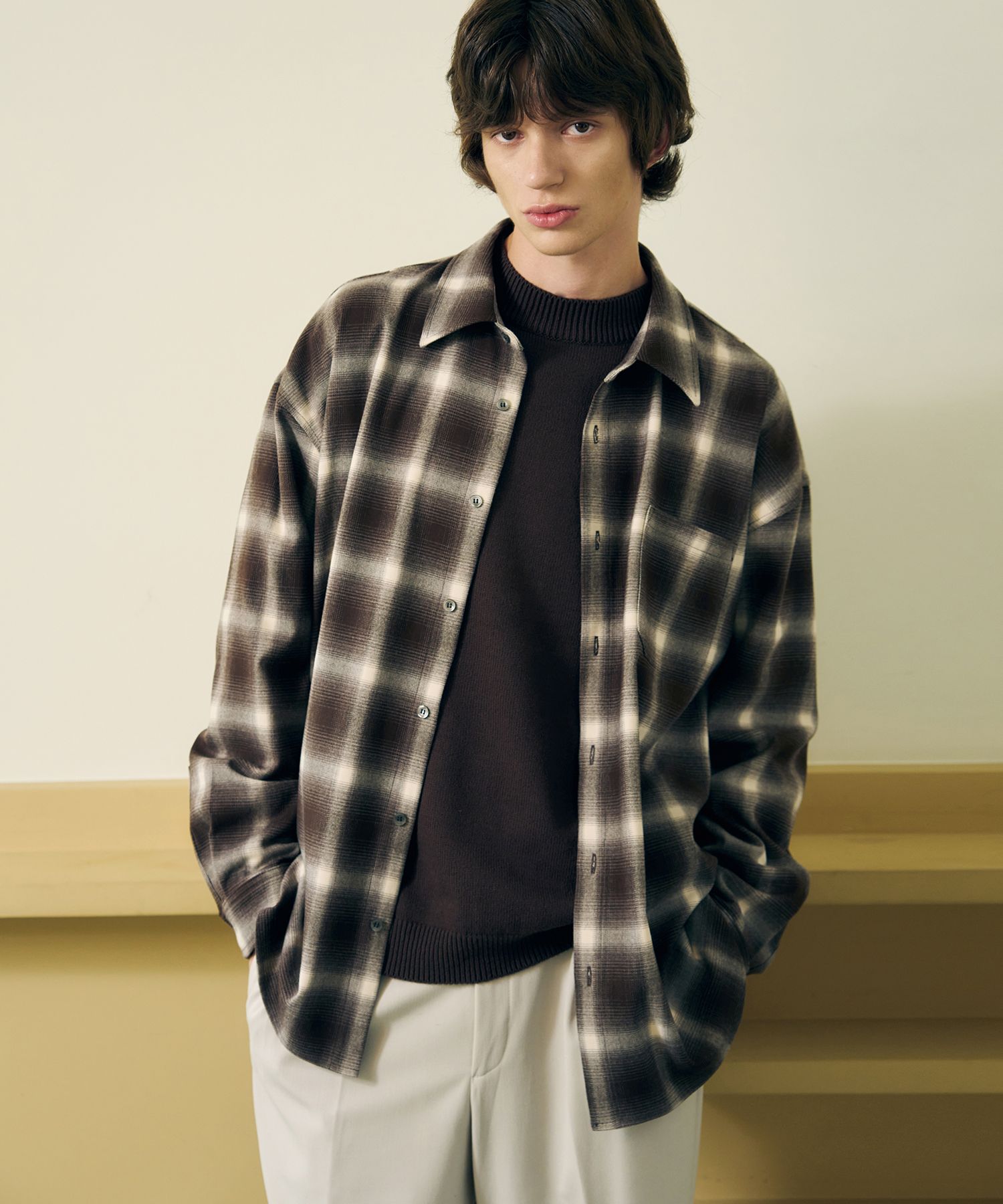 MUSINSA | DRAW FIT Ombre oversized check shirt [BROWN]