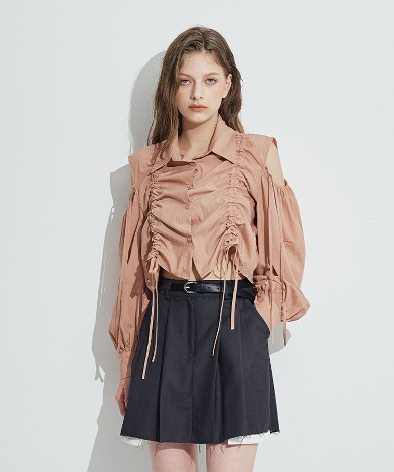 Cut Out Shirring Blouse [Peach]