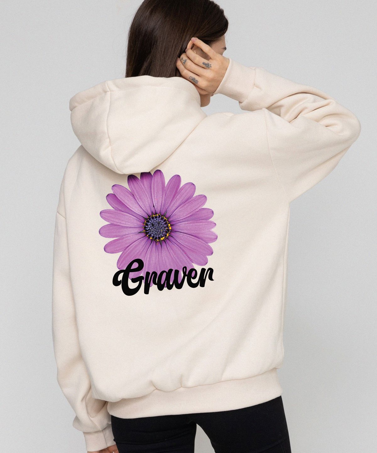그레이버(GRAVER) [UNISEX]백 퍼플 데이지플라워 스마일 후드티_크림