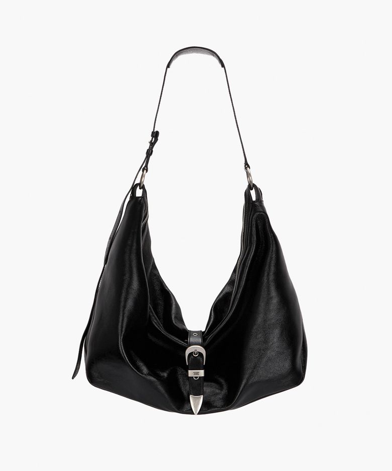 BELTED HOBO_black glossy plain