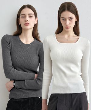 [2PACK] 슬림 골지 니트 - 스퀘어/터틀넥/라운드
