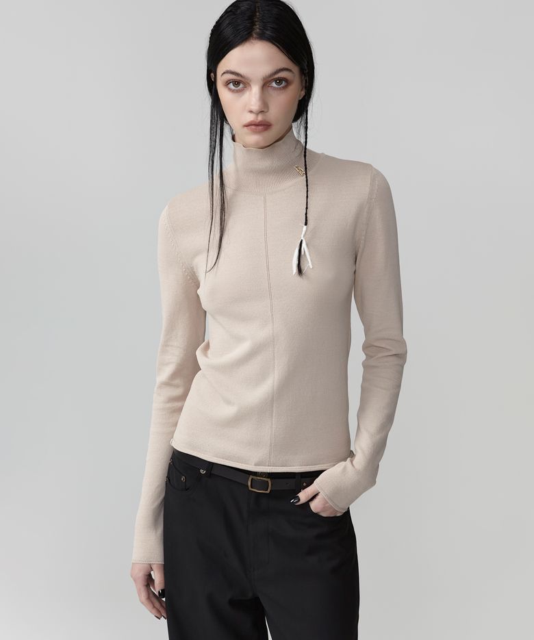 VISCOSE TURTLENECK SHEER KNIT TOP (SAND BEIGE)
