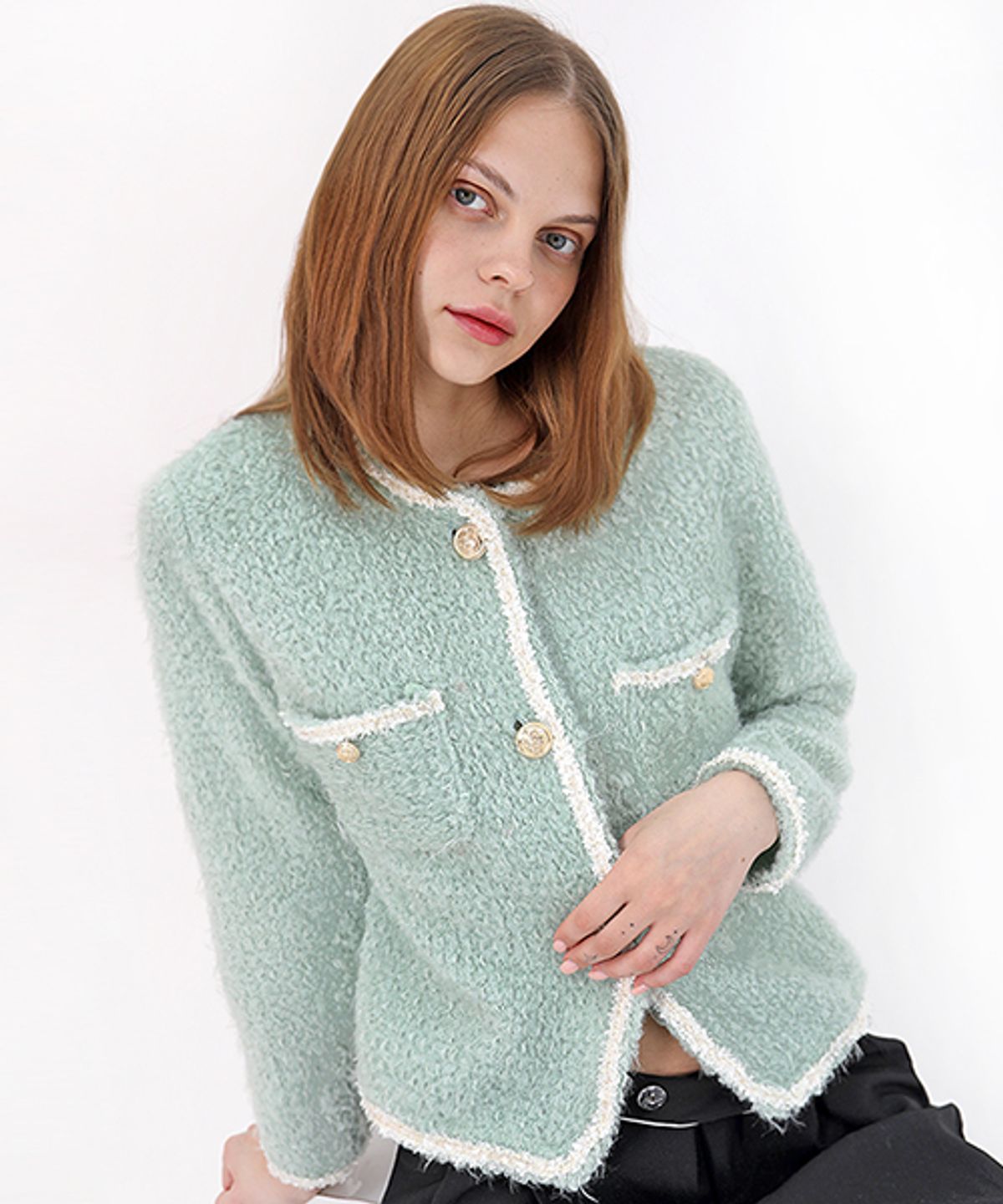 데미지니모닉(DAMAGE MNEMONIC) 트위드 라인 민트 가디건 _ Tweed Line Mint Gardigan