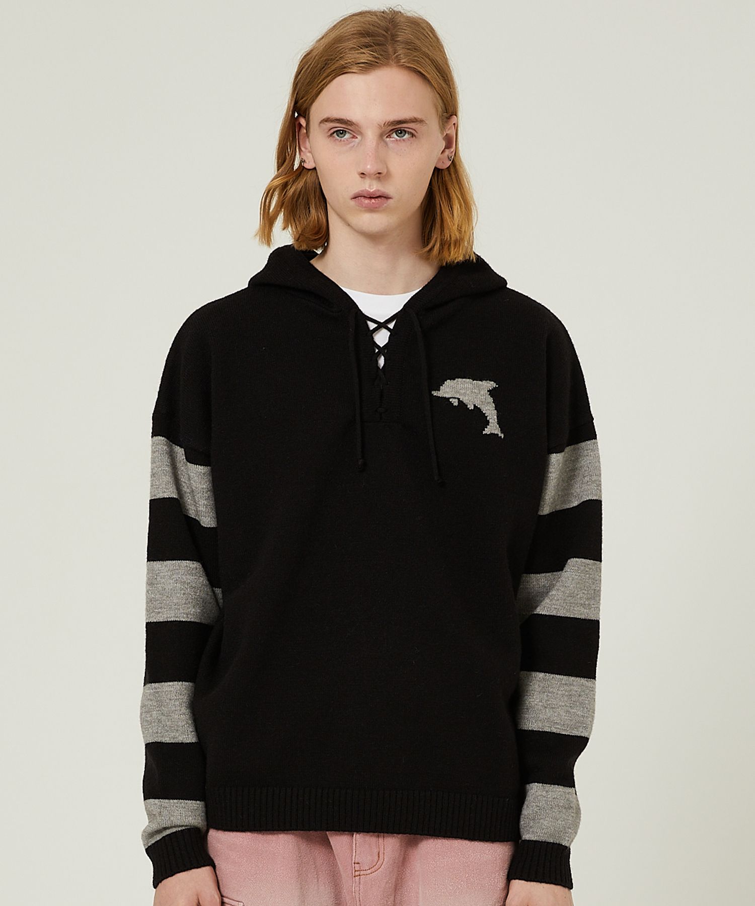 さらに100円引き◆WAI KEI◆Big dolphin stripe hood knit MUSINSA | WAI KEI Big Dolphin Striped Hooded Knit Black