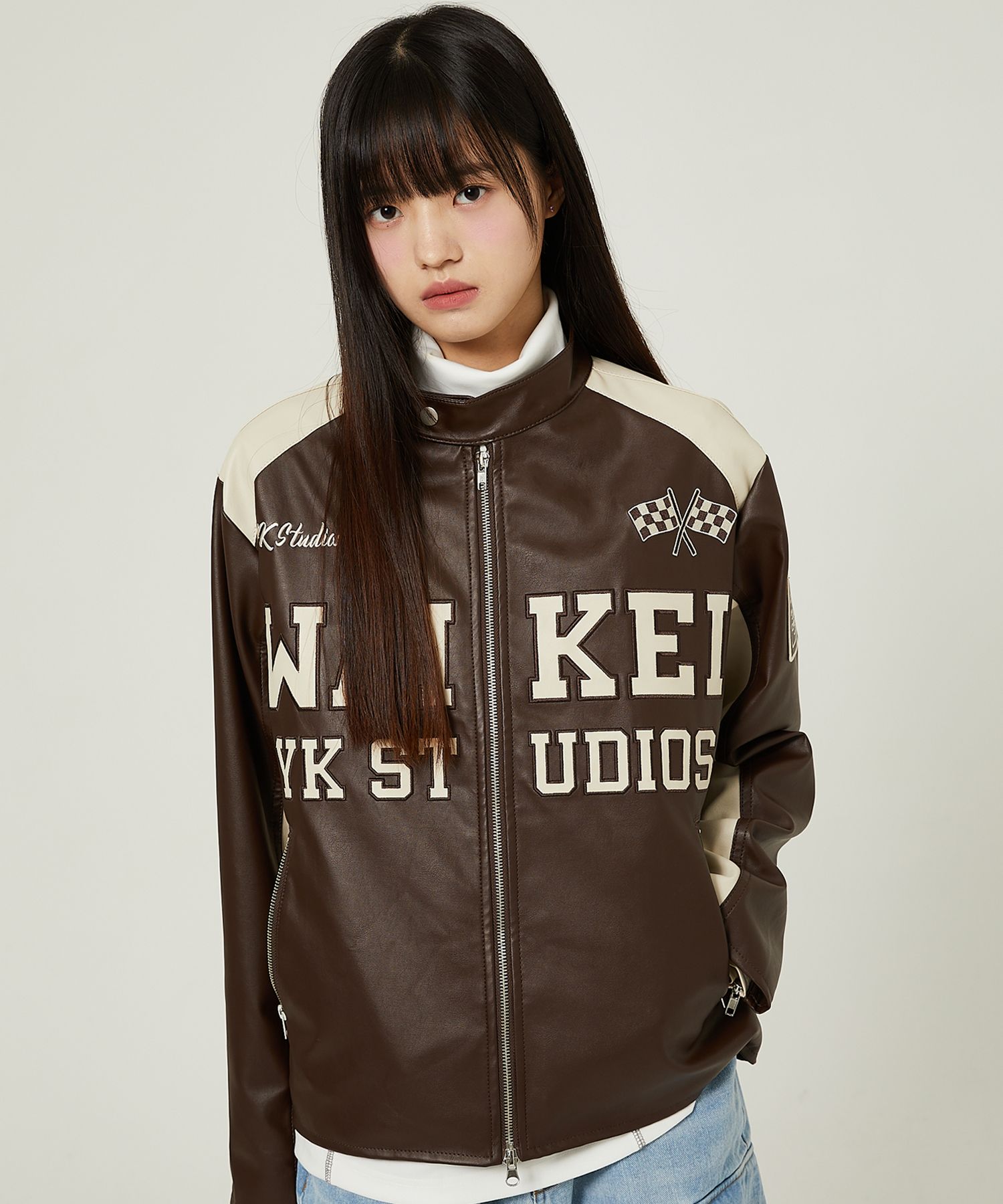 MUSINSA公式 | WAI KEI Single rider vegan leather jacket brown