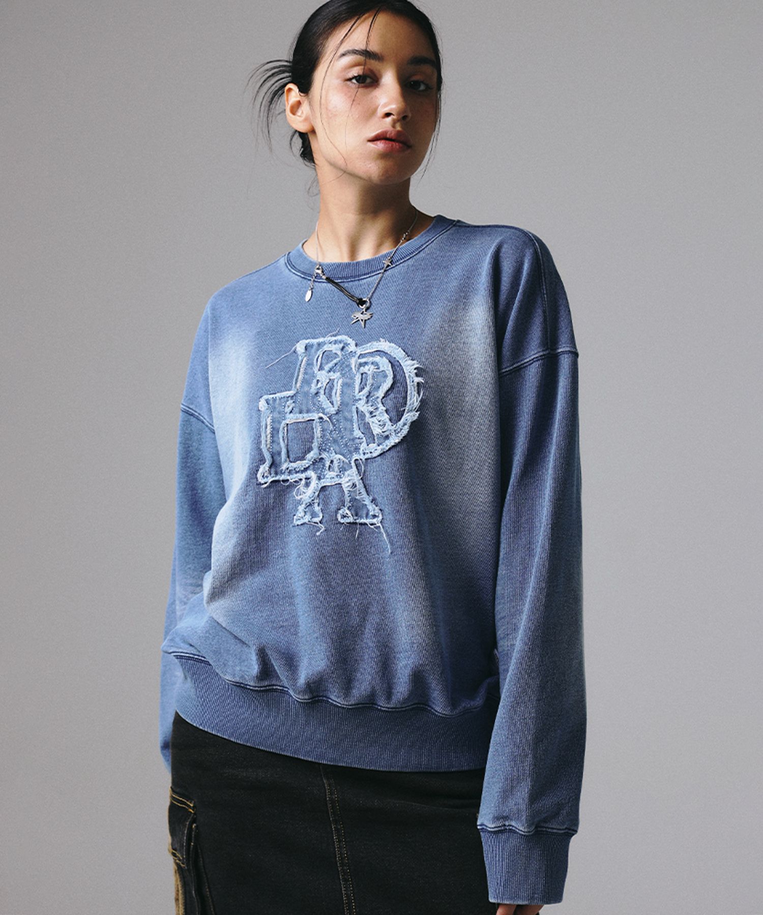 ◇PRENDA◇ DENIM TERRY PATCHED SWEATSHIRT INDIGO OD+LW Heather Slub Indigo Dyed Crewneck Tee - Okayama Denim