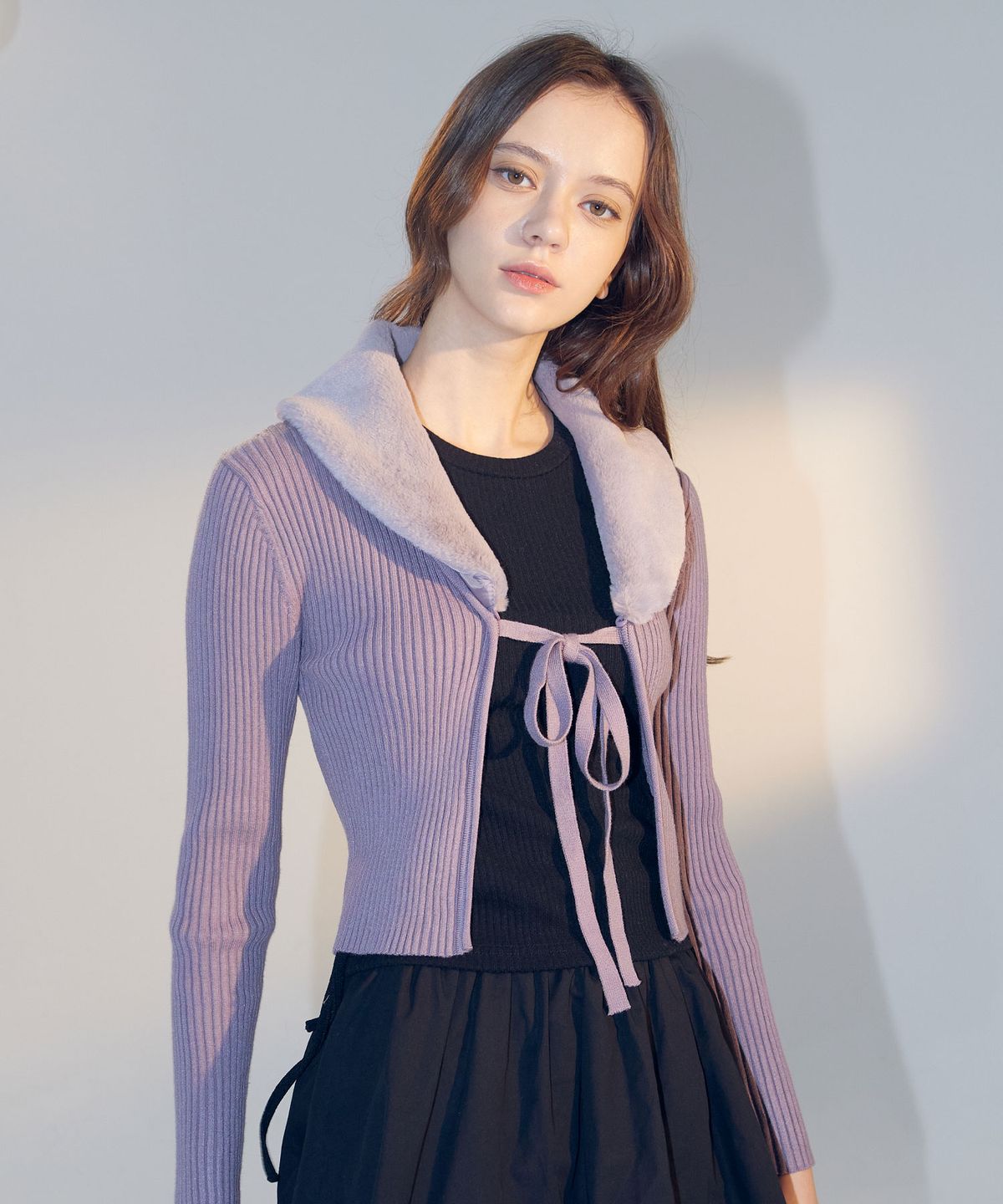 델리센트(DELICCENT) 퍼 카라 리본 가디건 [VIOLET]
