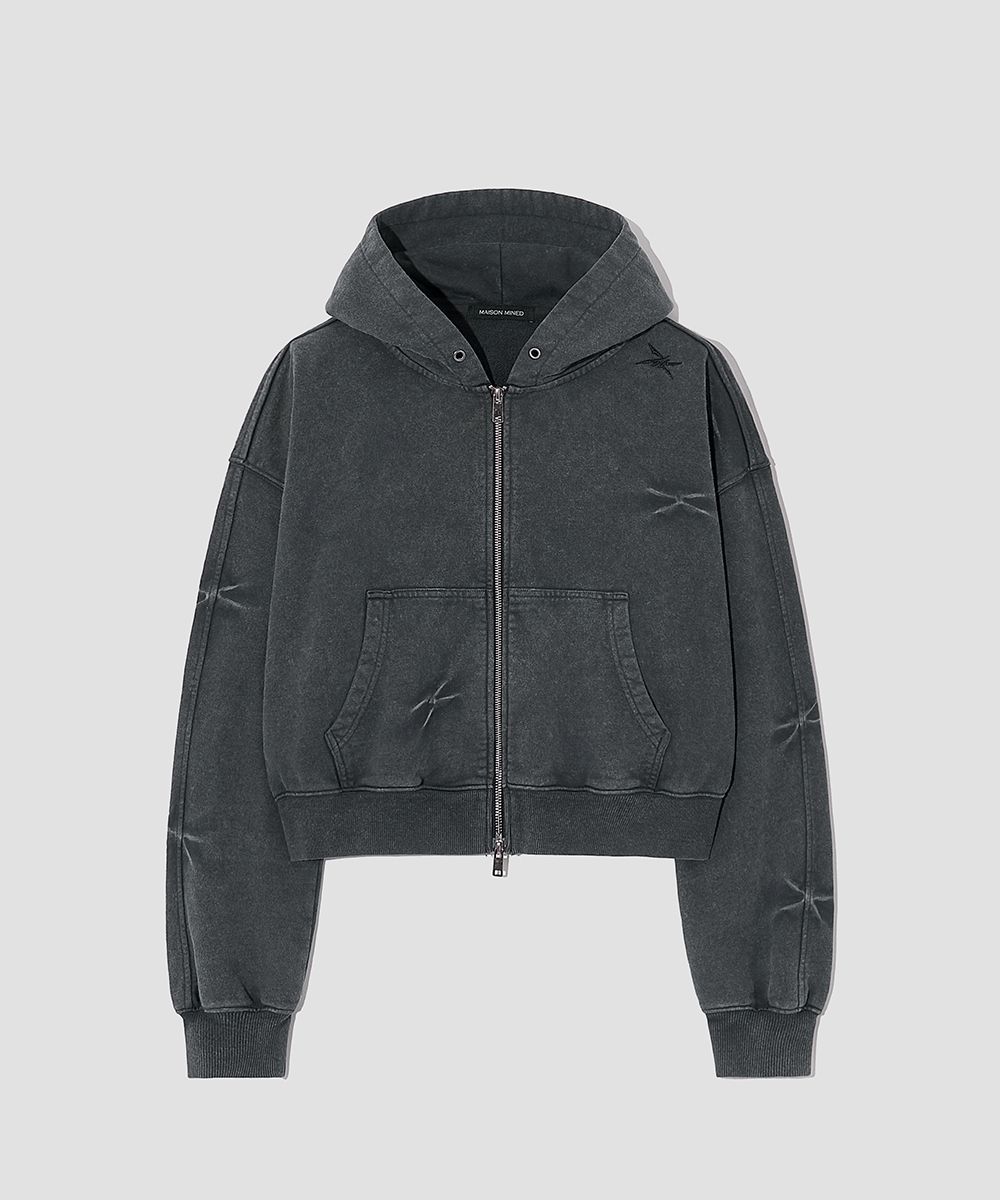 MUSINSA | MAISON MINED (W) PINCH WASHED CROP HOOD ZIP-UP BLACK