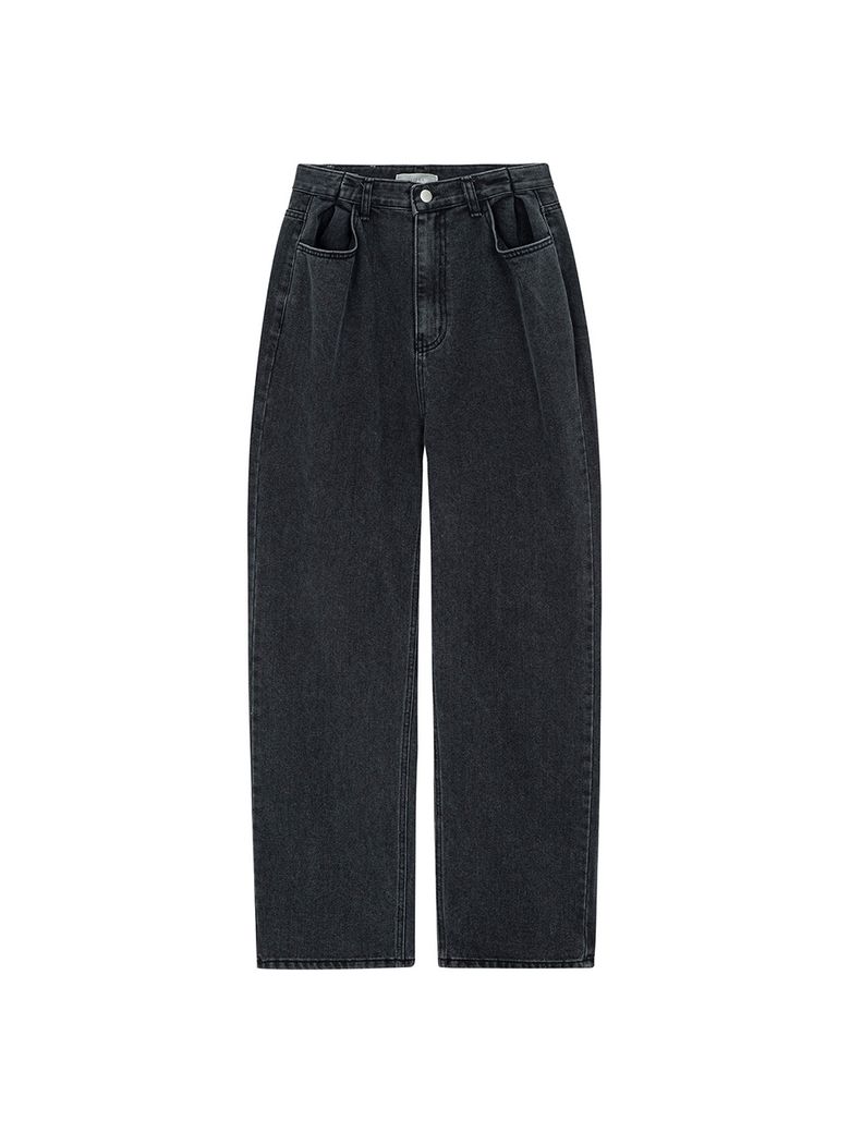 Pin Tuck Wide Denim Jeans_black