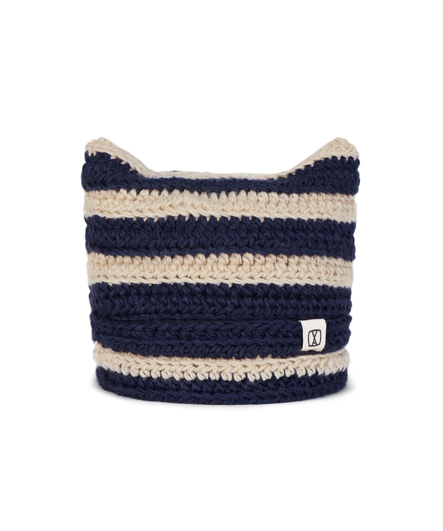 MUSINSA | VARZAR square label striped crochet beanie navy