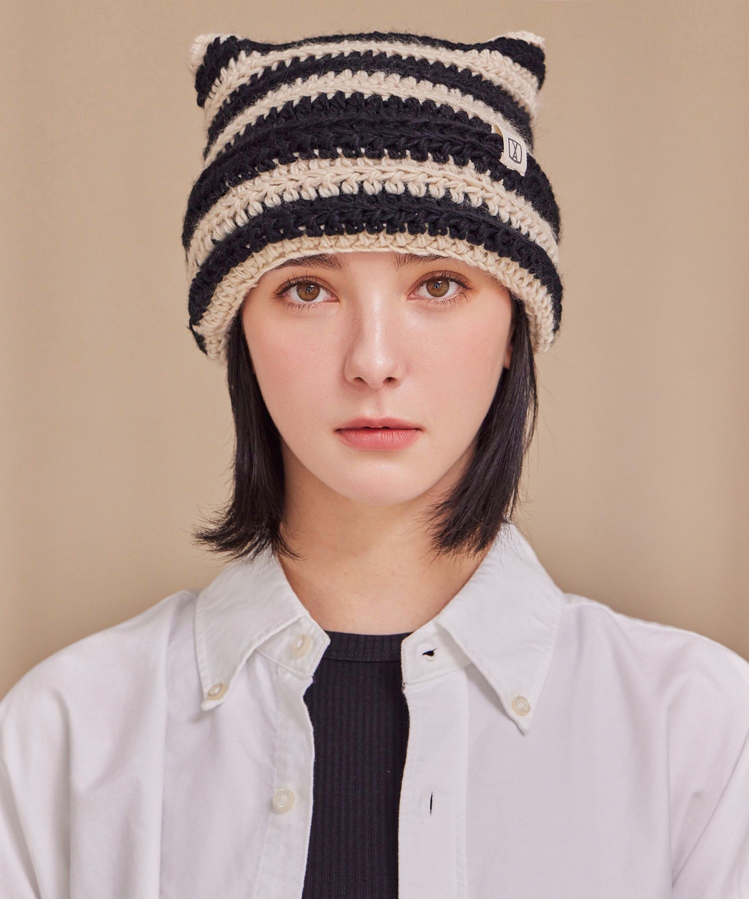 MUSINSA | VARZAR Square Label Striped Crochet Beanie Black