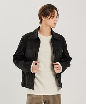 남여공용 포켓포인트 인조가죽 점퍼 (BLACK)