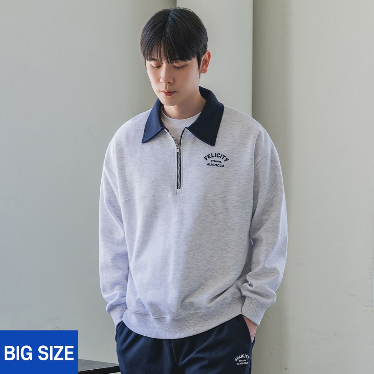 앨빈클로(ALVINCLO) [빅사이즈] 2XL~4XL FELICITY 반집업 배색 카라 맨투맨 BE57508 (4 COLOR)