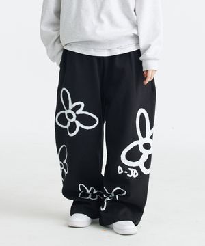 플라워 스프레이 스토퍼 와이드 밴딩 팬츠 (블랙)