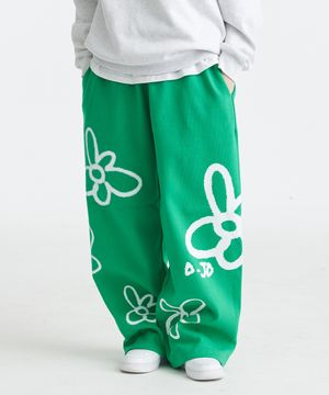플라워 스프레이 스토퍼 와이드 밴딩 팬츠 (그린)