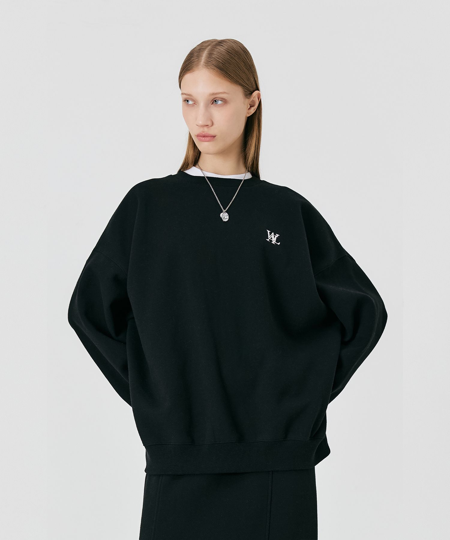 スウェット・トレーナー WOOALONG Brushed Signature basic sweatshirt MID BLUE ☆韓国の人気☆【WOOALONG】☆Signature basic sweatshir.t