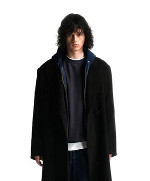 Oversized wool blend double coat - BLACK