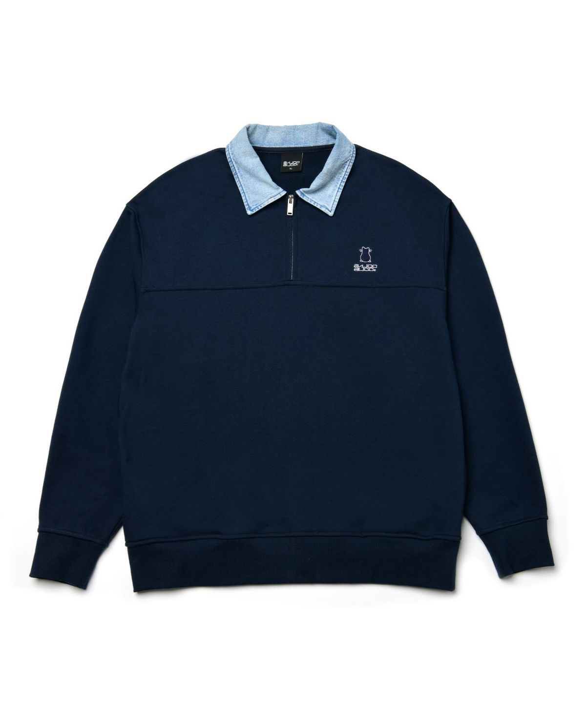 바쥬비쥬(BAJOO BIJOO) Denim Collars Cat Logo Half Zip-Up Sweatshirt [Navy]