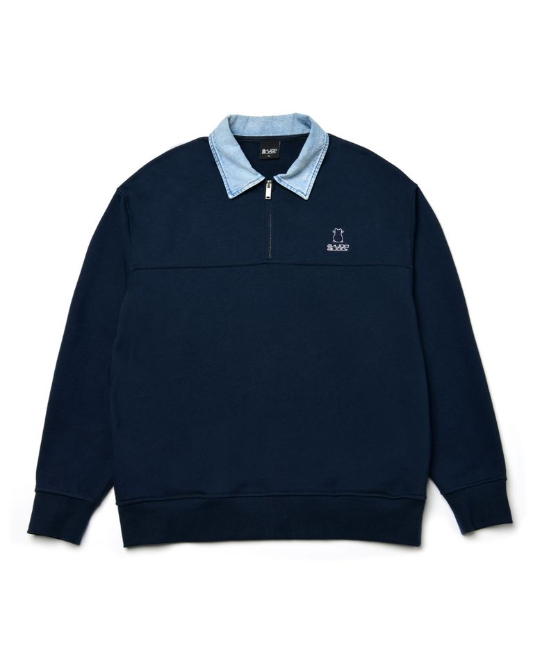 Denim Collars Cat Logo Half Zip-Up Sweatshirt [Navy]