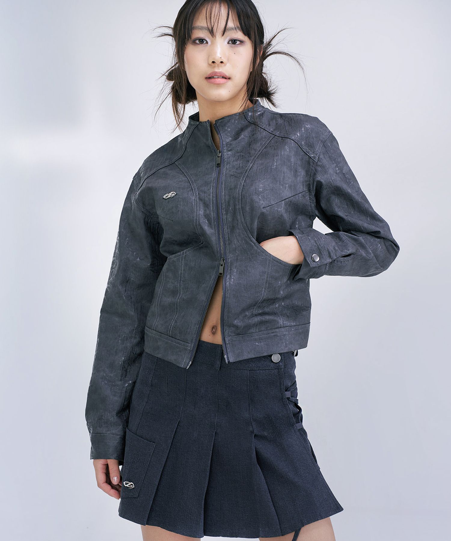 MUSINSA | HUG YOUR SKIN Denim Textured Leather Jacket (Gray)