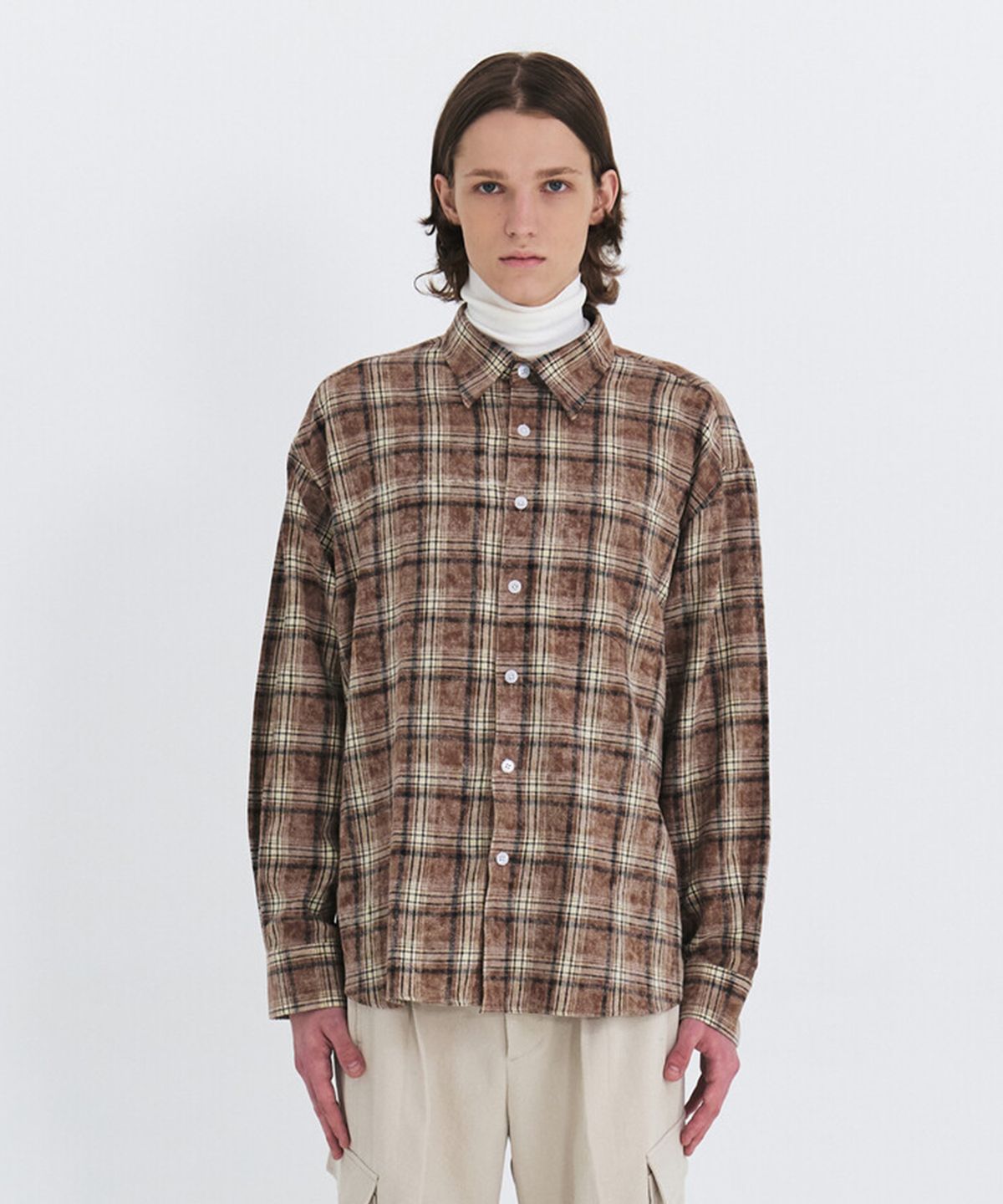 윈더(WINDER) ACID COTTON OVERSIZE CHECK SHIRTS - BROWN