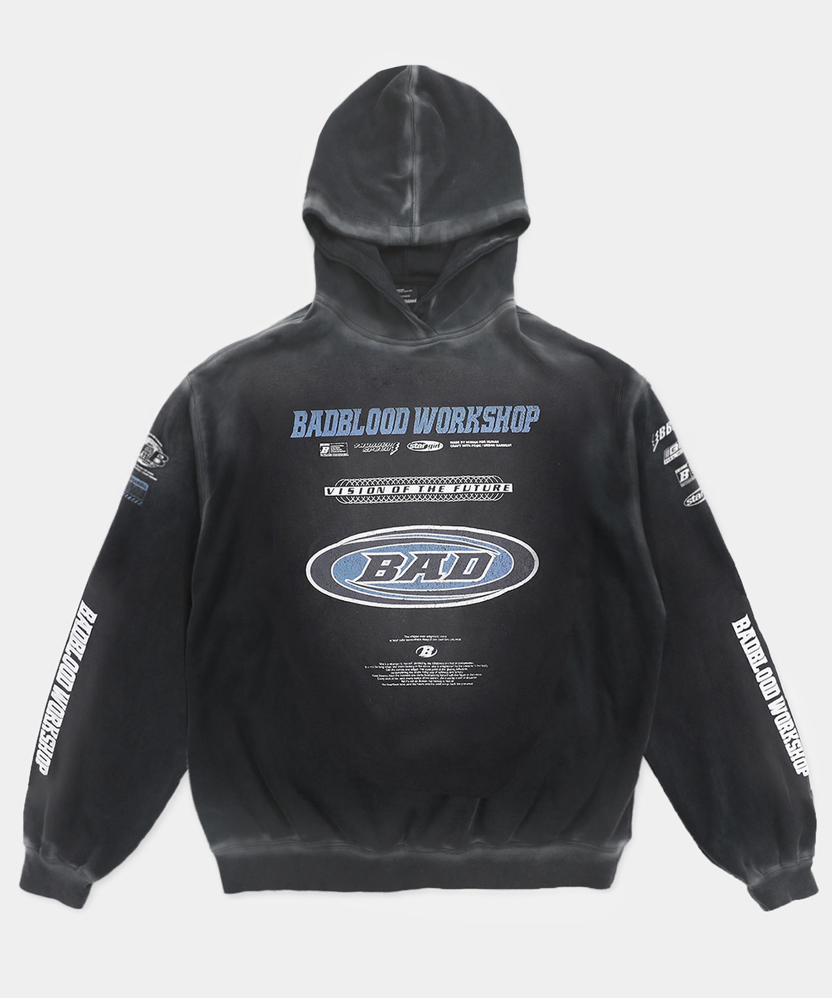 MUSINSA | BADBLOOD F2 Old Effect Hoodie - Black/Blue