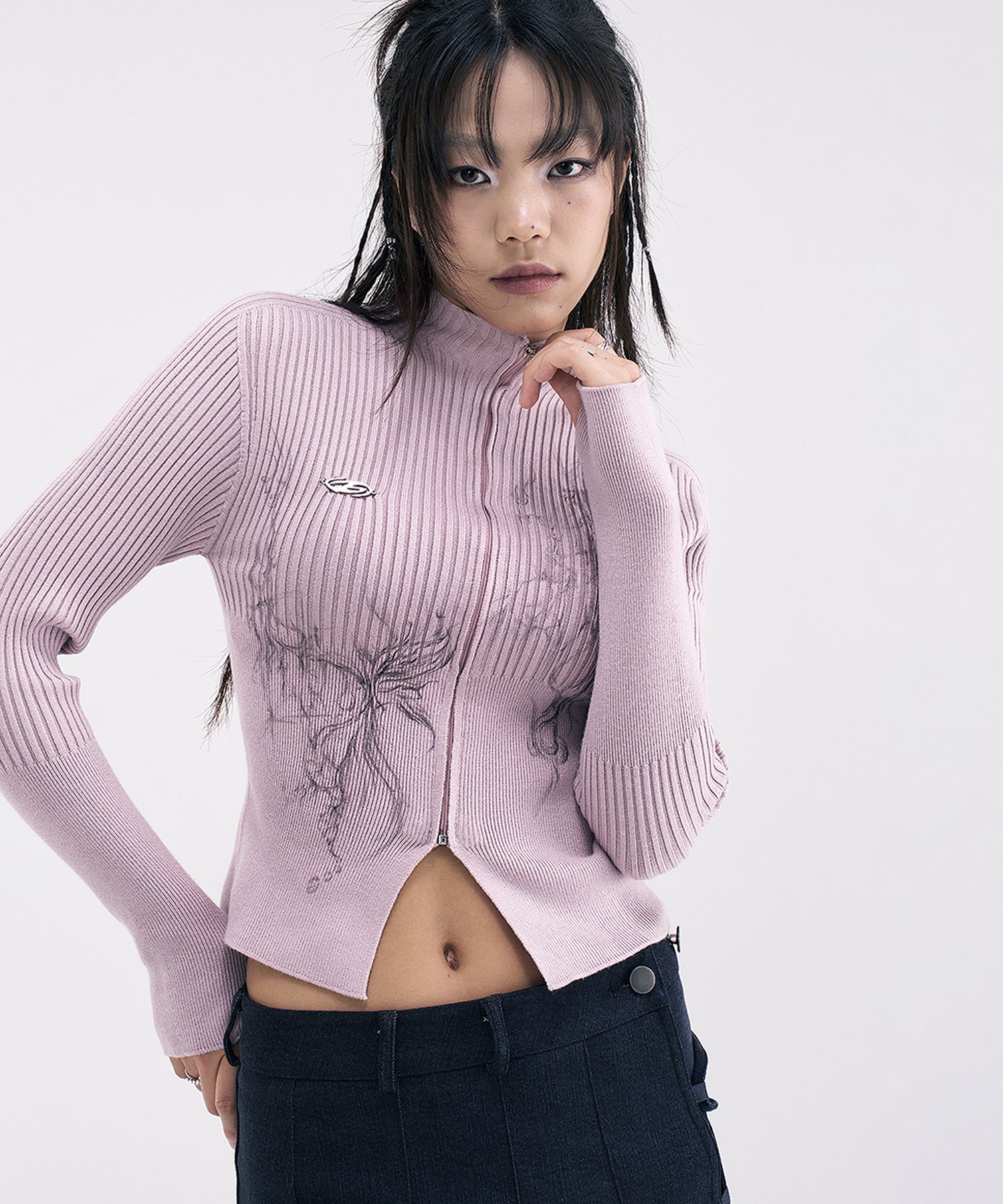 ◆HUG YOUR SKIN Flap Knit Zip-Up◆ MUSINSA | HUG YOUR SKIN Printed knit zip-up (pink)