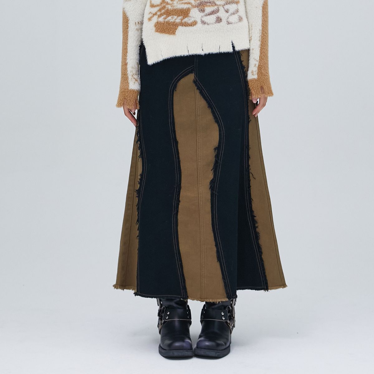 라라폭스(LALAFOX) COLOR BLOCK DAMAGE SKIRT KHAKI BP4DS001