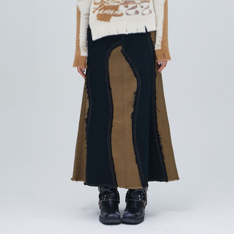 COLOR BLOCK DAMAGE SKIRT KHAKI BP4DS001