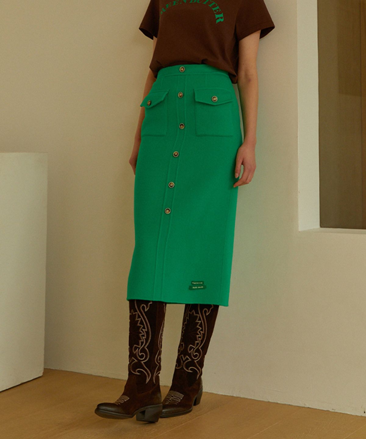 그린버터(GREENBUTTER) [handmade] Wool Pencil Pocket Skirt (Green)