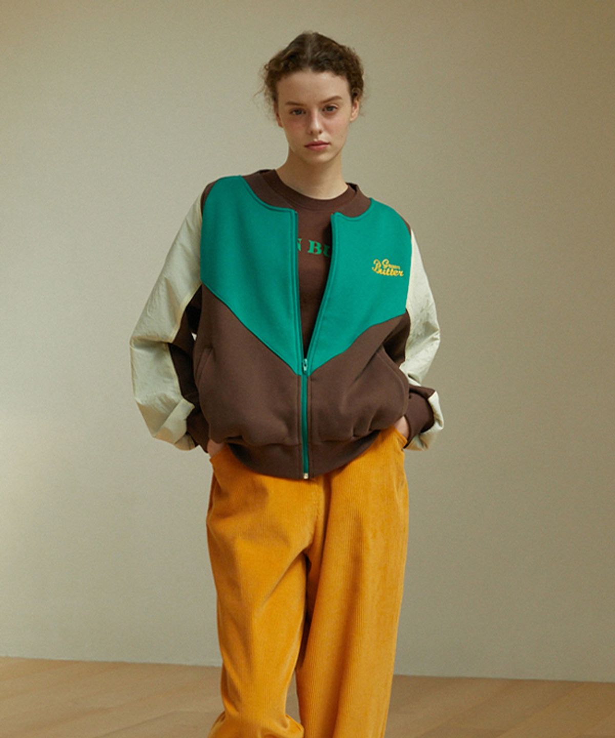 그린버터(GREENBUTTER) Wind Breaker Warm Sweat Zip-up (Brown/Butter)