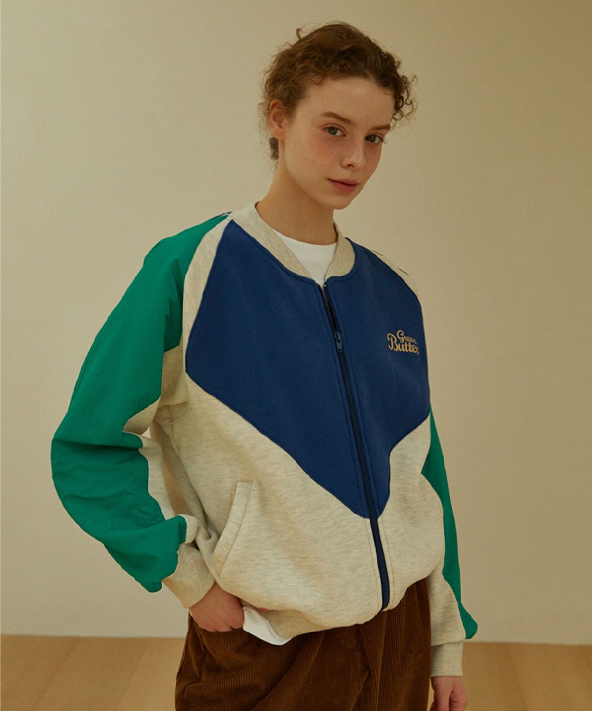 그린버터(GREENBUTTER) Wind Breaker Warm Sweat Zip-up (Oatmeal/Green)
