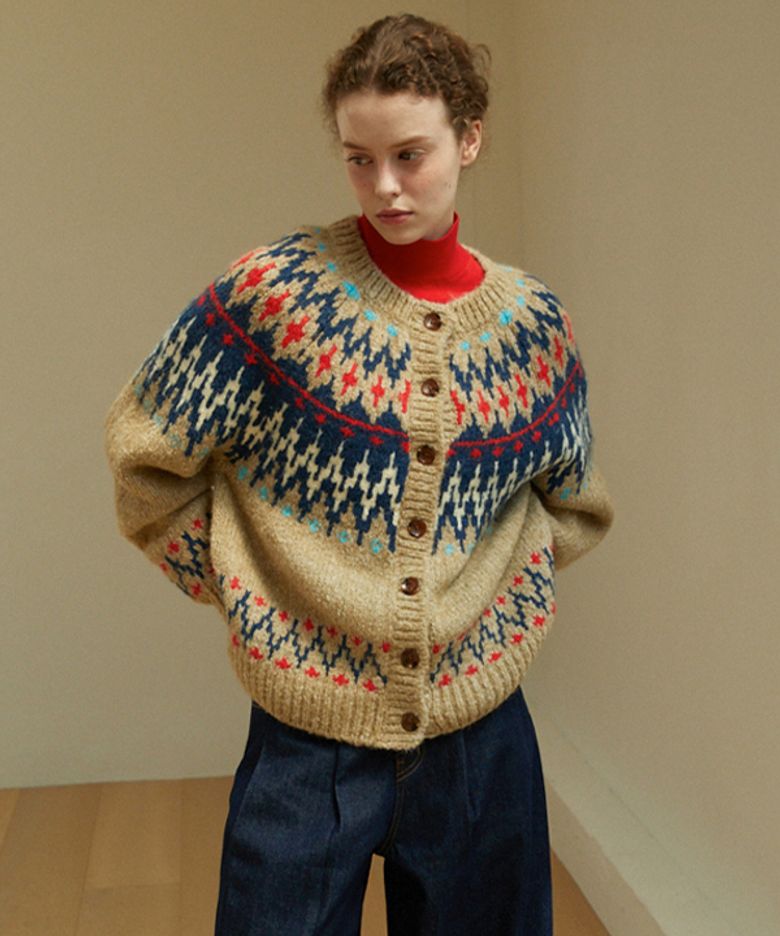Zigzag Nordic Alpaca Cardigan (Beige)