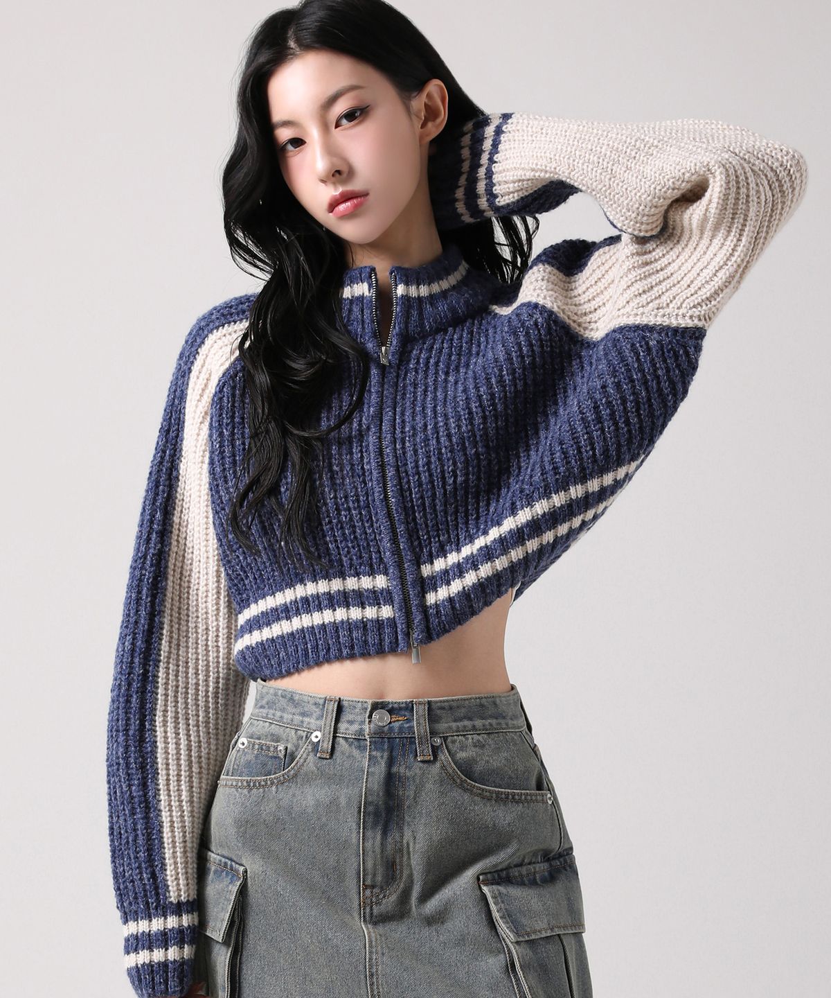 어반드레스(AVANDRESS) Block Raglan Knit Zip-up NAVY