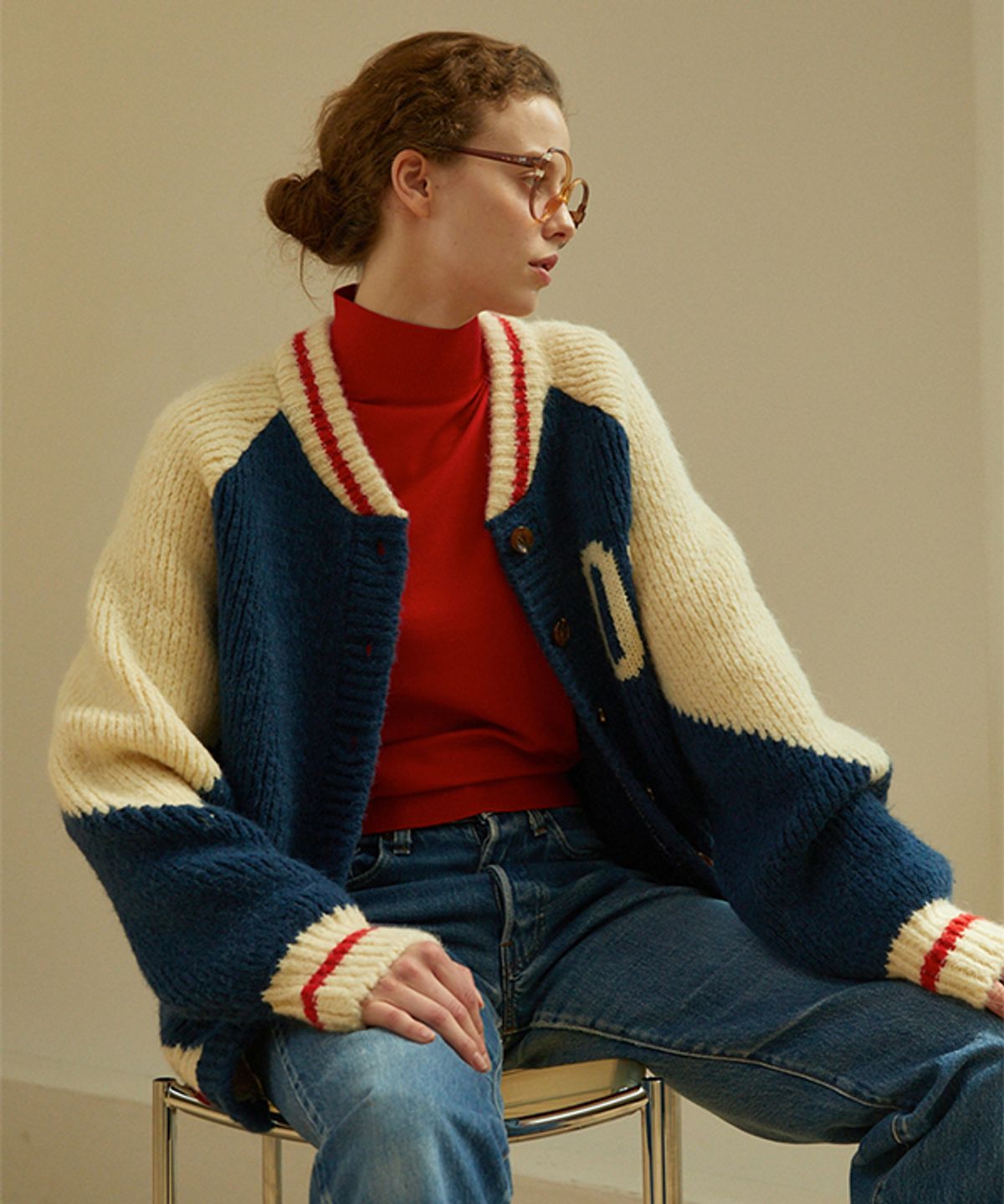 그린버터(GREENBUTTER) 08 Varsity Alpaca Knit Cardigan (Navy)