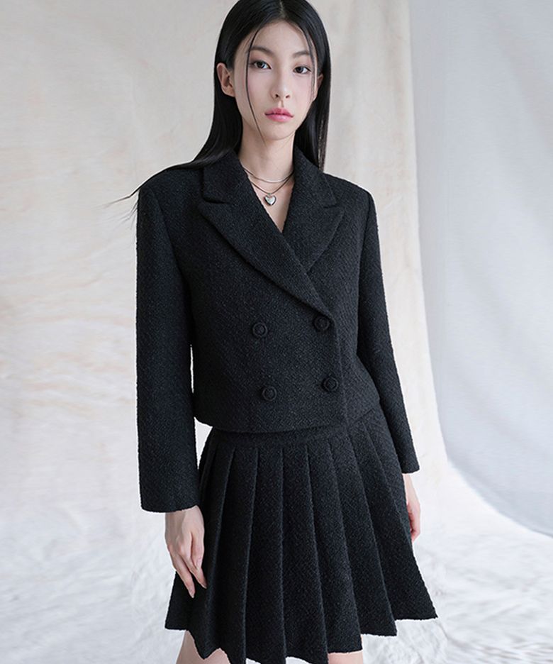 Daphne Tweed Double Button Crop Jacket BLACK