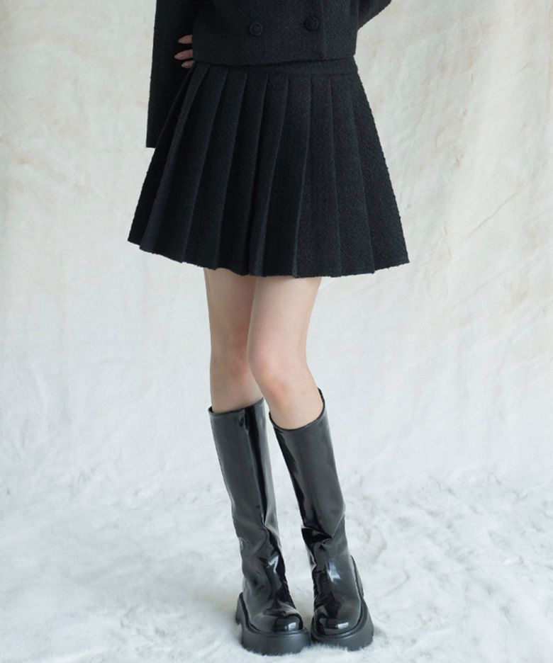 Daphne Tweed Pleated Skirt BLACK
