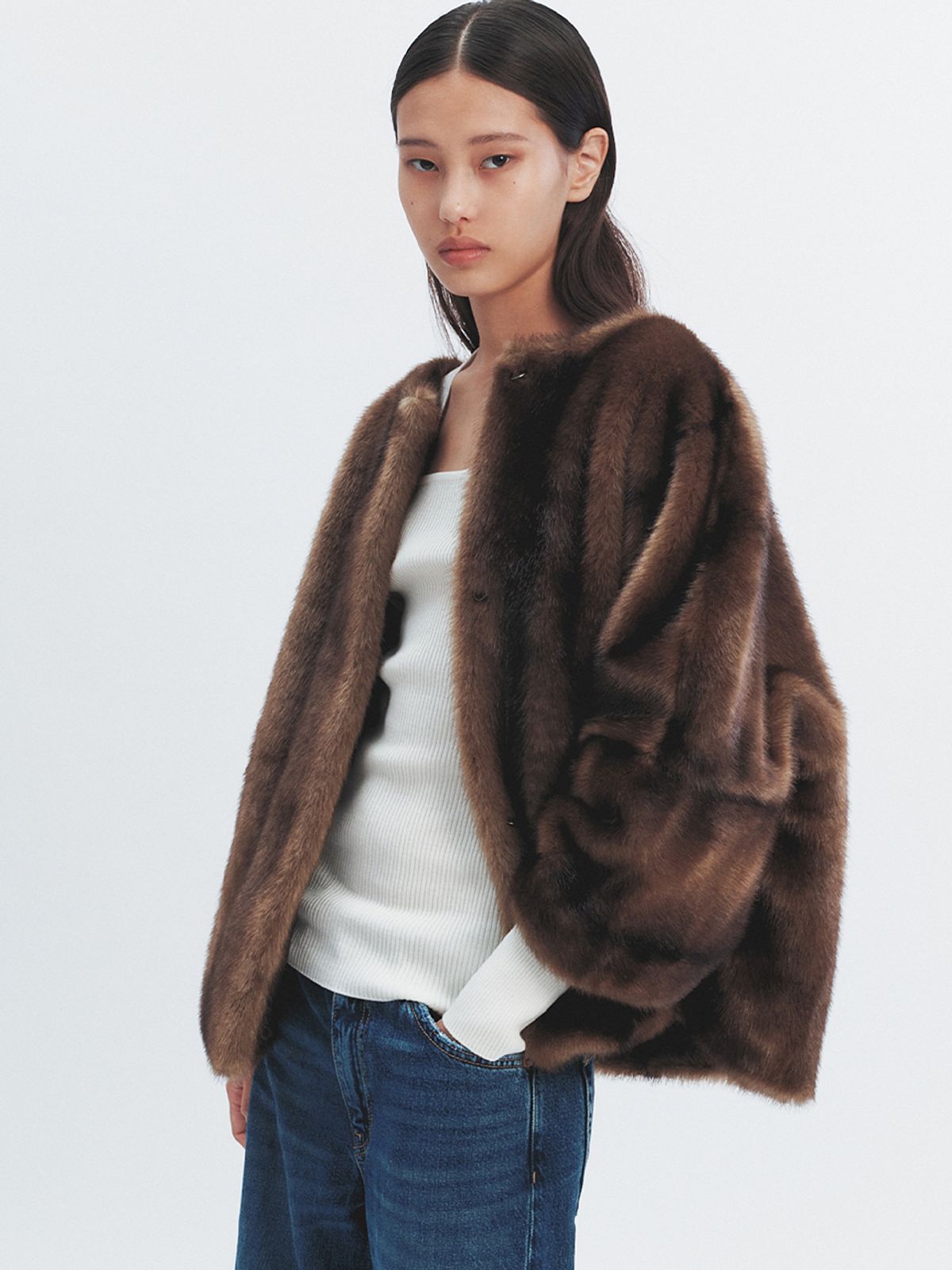 해브레스(HAVELESS) COLETTE FAUX FUR JACKET DARK BROWN